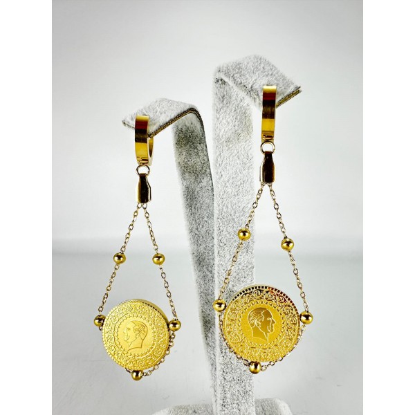 Gold Lira Detaylı Sallantılı Küpe